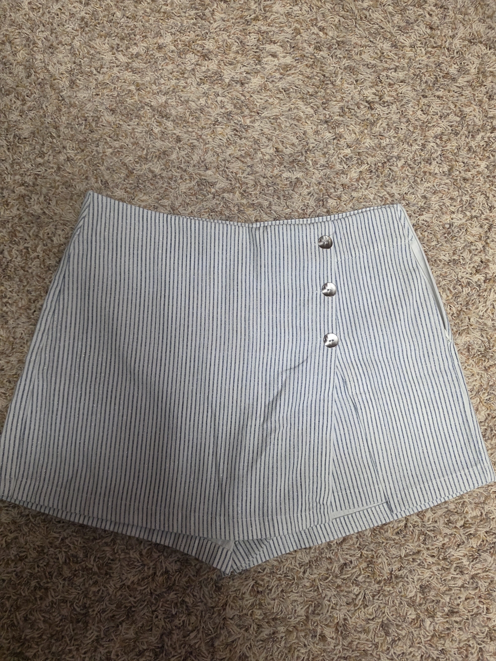 Zara White and Blue Striped High-Waist Skort with Side Buttons